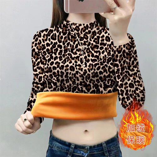 保暖内搭豹纹加绒打底衫女秋冬季新款时尚洋气半高领长袖t恤上衣