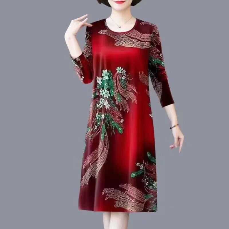 中老年长袖妈妈装2024春季新款大码宽松遮肚连衣裙时尚小众中长裙