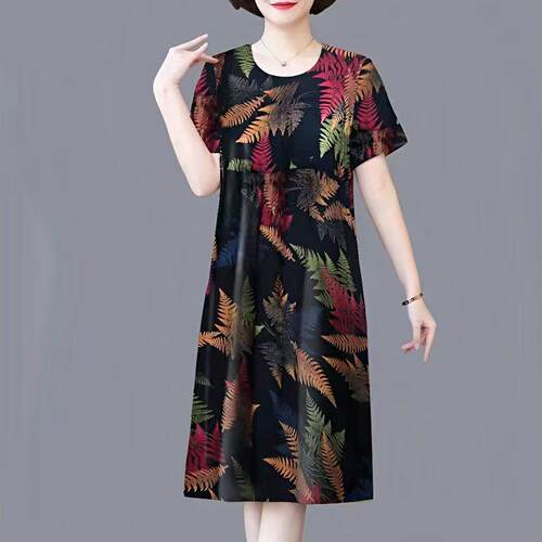 大码中老年短袖连衣裙女2026新款时尚印花妈妈装女士宽松款中长裙