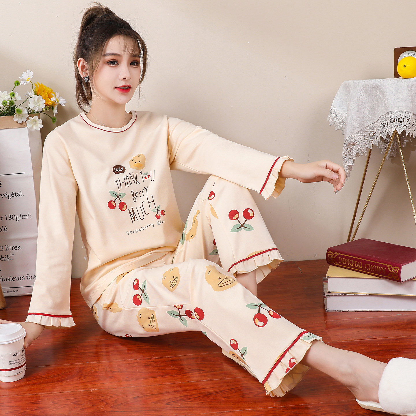 耶蒂女士纯棉甜美春秋睡衣可外穿图片