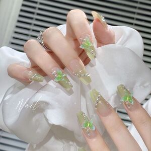 小清新浅绿渐变美甲甲片珍珠蝴蝶指甲贴片长款穿戴甲ins风甲片