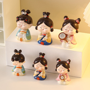 新国潮风唐仕女摇头娃娃摆件古风少女桌面车载装饰品西安文创礼物