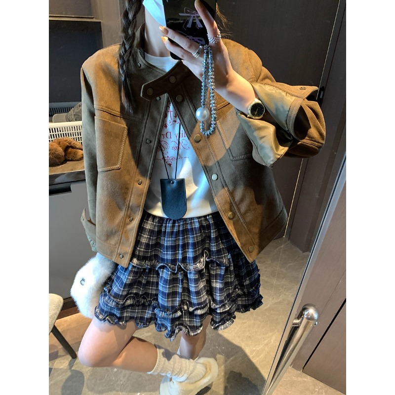秋日巴塞尔 复古气质仿麂皮绒立领工装夹克休闲外套女