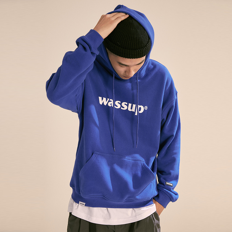 加绒连帽宽松套头卫衣logo国潮牌秋季宝蓝纯色棉外套印花WASSUP