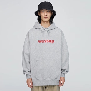 wassup基础连帽卫衣灰色潮牌美式 情侣装 休闲宽松上衣男女款 帽衫