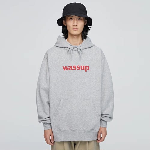 wassup基础灰色连帽卫衣男女情侣