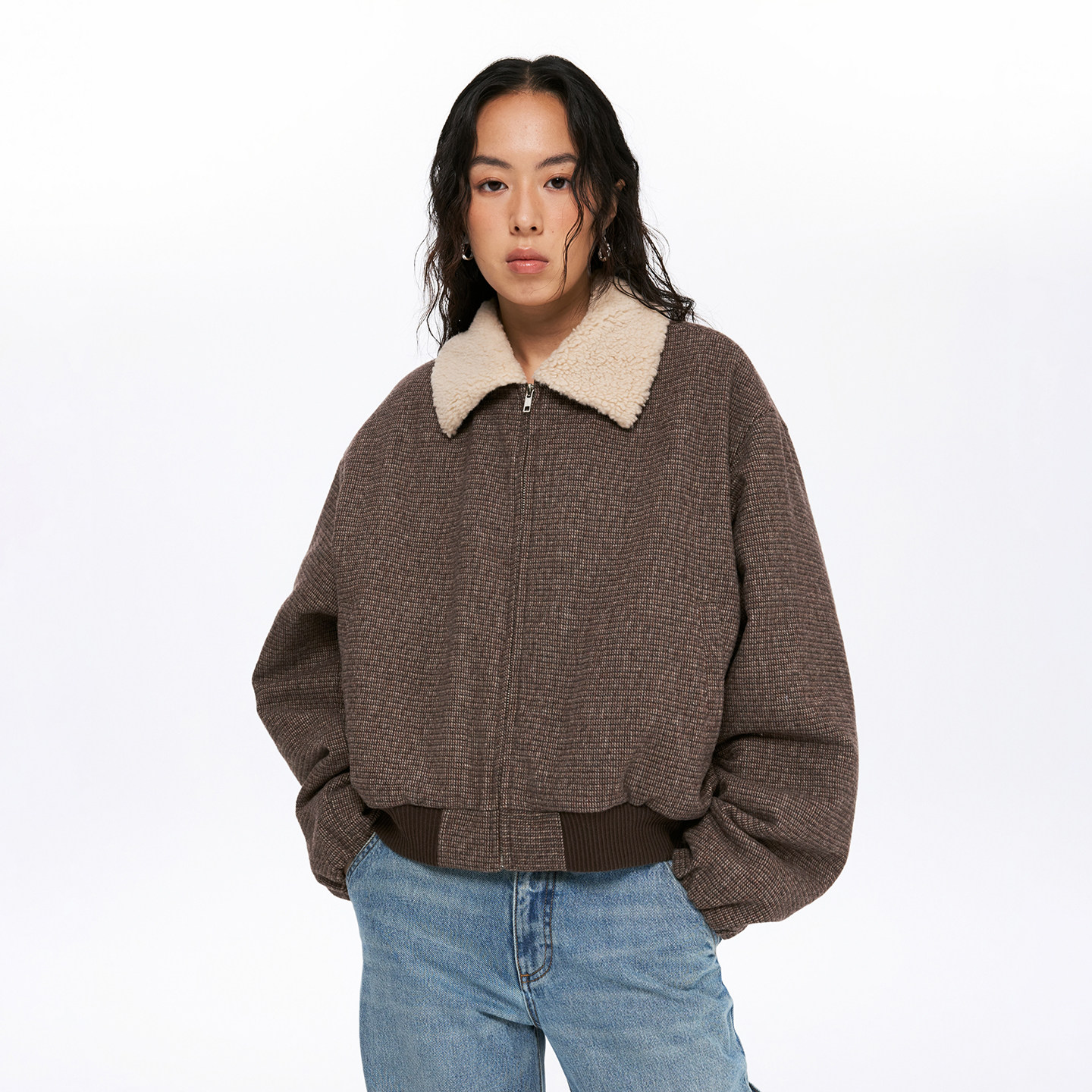 oneup羊毛格子呢羊羔拉链棉服冬季复古羊羔毛领高级感夹克男女款