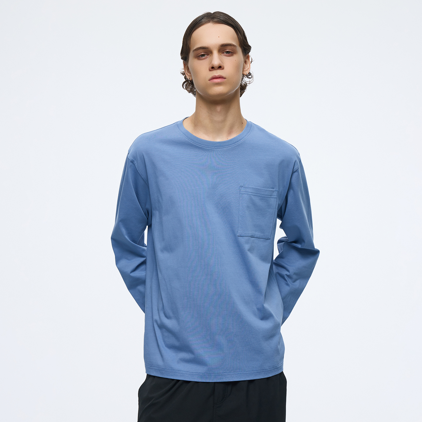 wassuphouse基础简约口袋长袖T恤男圆领宽松百搭通勤纯棉打底衫男