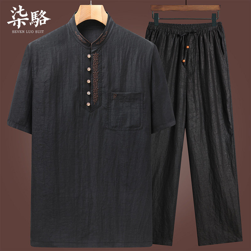 高端香云纱唐装男夏装真丝绸缎桑蚕丝莨绸短袖套装中式华服爸爸装怎么看?