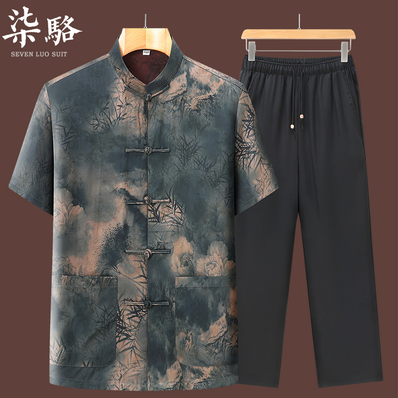 香云纱唐装男士短袖爸爸装中老年人爷爷装中国风父亲节真丝衣服男