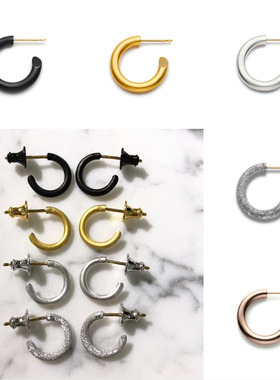 careering潮牌磨砂s925纯银银针半圆形耳环日韩简约百搭男女耳钉