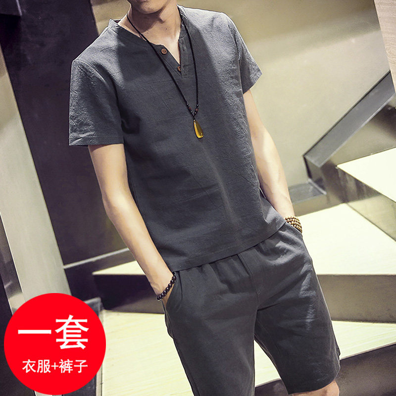 夏季亚麻套装男士短袖T恤潮流韩版青年短裤体恤两件套大码男装薄在类目 男装, 休闲裤中 - 来自Buy2taobao.com提供专业的淘宝代购服务
