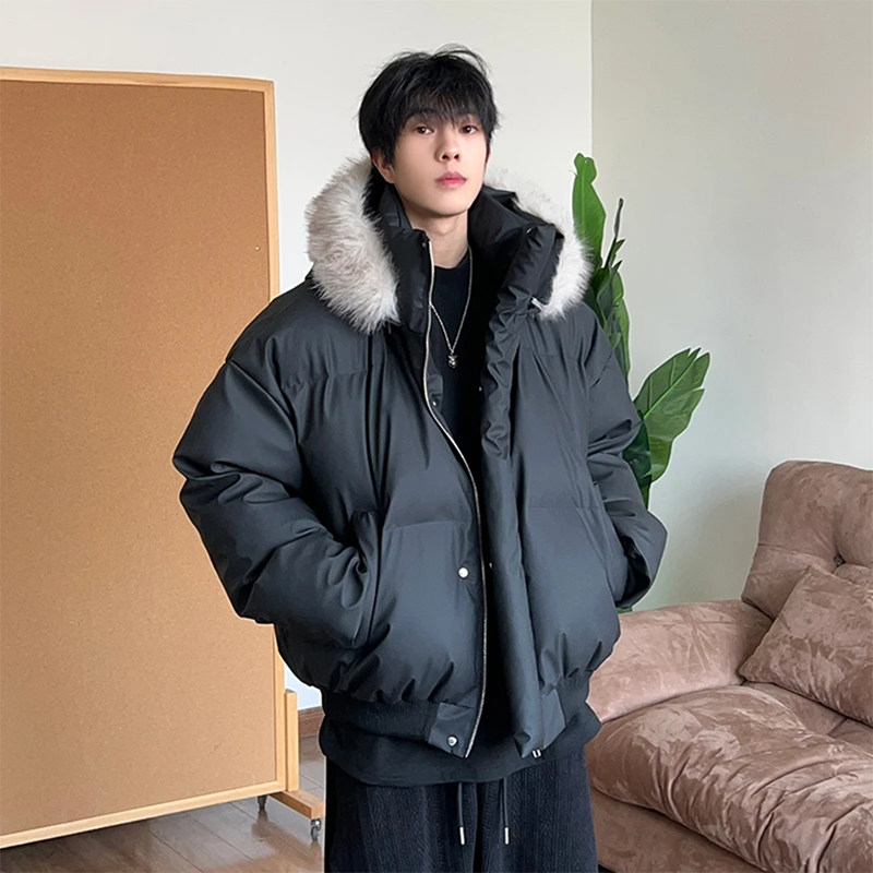 美式cleanfit连帽毛领羽绒服男高级感PU皮加厚保暖短款棉服外套潮