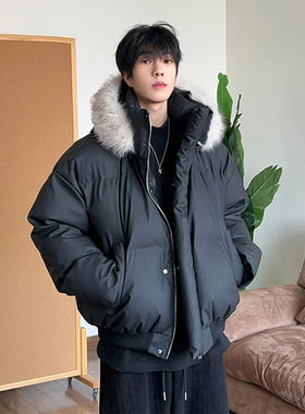 美式cleanfit连帽毛领羽绒服男高级感PU皮加厚保暖短款棉服外套潮