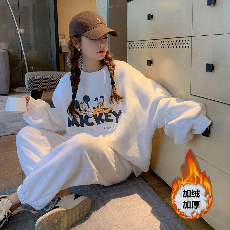 418#加绒加厚网红休闲运动套装女秋冬季米奇时尚宽松卫衣两件套