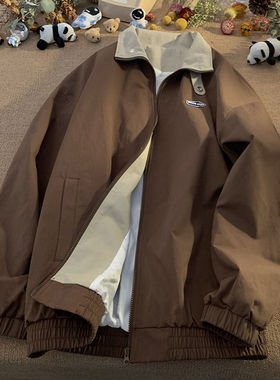 棕咖色vintage美式工装外套男女春秋季国潮宽松冲锋衣情侣男夹克