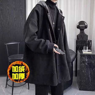 2024高级感男套装冬季夹棉中长款加厚连帽毛呢外套男韩系毛呢大衣