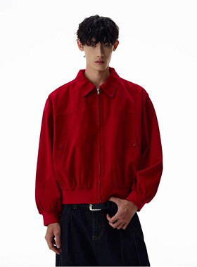 美式复古本命年红色翻领夹克男短款宽松新年外套潮牌高街男装百搭
