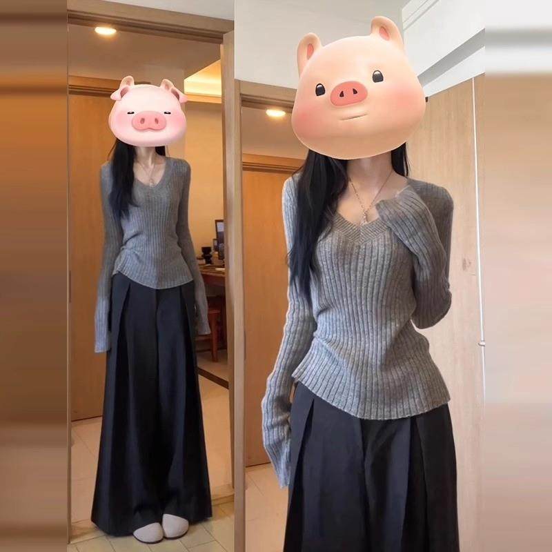 灰色v领针织衫毛衣女2026新款爆款秋冬季内搭打底衫修身长袖上衣