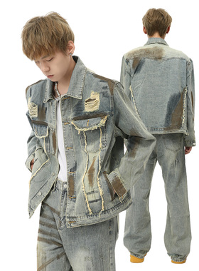MTLCLOTHES男装|街头小众时髦做旧废土风重工水洗牛仔套装个性潮