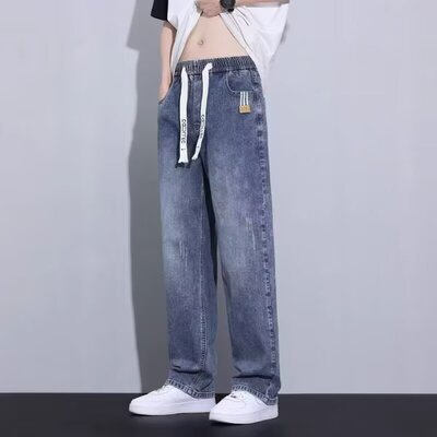 衫少服饰松紧腰牛仔裤男士美式高街裤子薄款直筒型阔腿宽松休闲裤