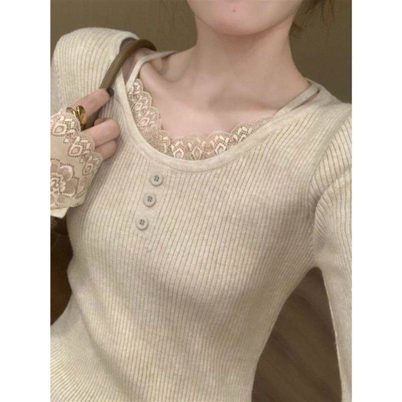 法式蕾丝花边针织衫女秋冬季设计感修身长袖毛衣纯欲内搭打底上衣