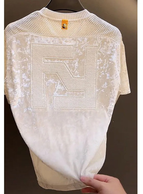 2025字母刺绣夏季新款网格潮流百搭时尚ins短袖宽松上衣男女