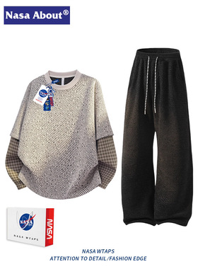 NASA ABOUT假两件休闲运动套装男款春秋季格子拼接卫衣长裤两件套
