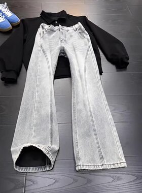 斜切修身牛仔裤男款潮流新款简约百搭高街美式复古半松紧长裤