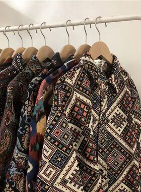 古巴vintage12衬衫男宽松秋冬款日系复古民族风情侣长袖衬衣外套