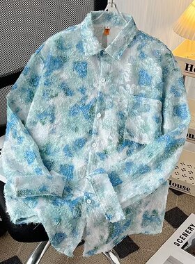 春秋季新款新中式国风蝴蝶刺绣氛围感衬衫男小众休闲宽松长袖上衣