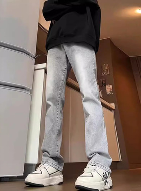 水泥灰直筒男士牛仔裤春秋季cleanfit微喇裤子男修身显瘦微喇裤潮