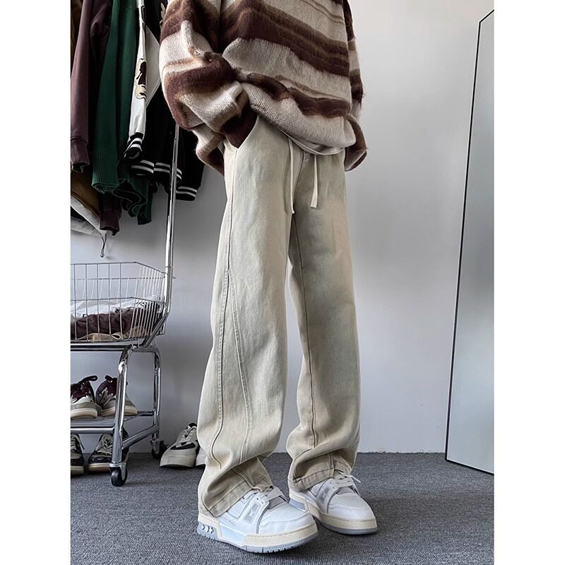 黄泥牛仔裤男直筒宽松阔腿美式高街裤子潮流百搭水洗复古休闲长裤