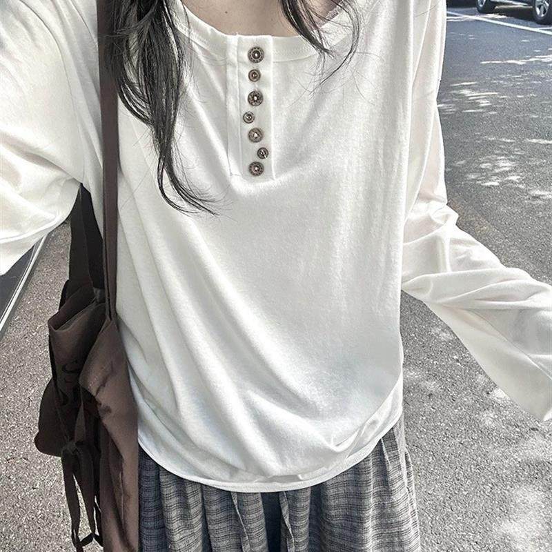 韩系基础款半开领不规则罩衫t恤女秋2025新款松弛感卷边长袖上衣,女装/女士精品,T恤,淘宝优惠券,粉丝福利购,淘宝优惠卷