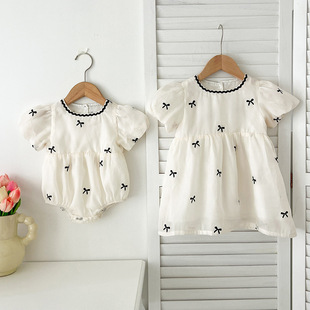 夏季女宝宝蝴蝶结泡泡袖包屁衣爬服公主纱裙女童连衣裙洋气姐妹装