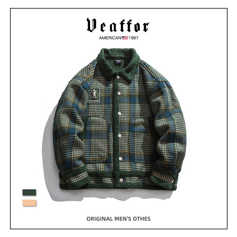 VEAFFOR 미국 트렌디 브랜드 겨울 격자 무늬 두꺼운 양고기 울 코튼 코트 자켓 남성과 여성 커플 루즈 캐주얼 코튼 의류