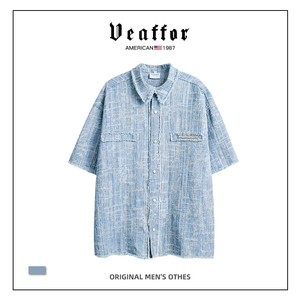 Veaffor美式潮牌小香风翻领短袖衬衫男女小众情侣设计感百搭衬衣