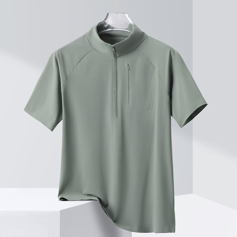2025 Summer New Half-Zip Stand-Up Collar Polo Shirt Business Casual Men's T-Shirt Men's Quick-Drying Short-Sleeved Breathable Punching