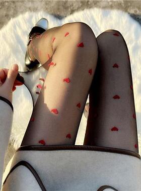 大码红色小爱心伪娘丝袜紧身性感提花波点防勾丝女装大佬连裤袜