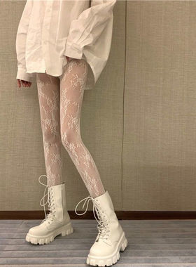 lolita镂空蕾丝网袜打底连裤袜日系洛丽塔复古花藤白色黑丝袜子女
