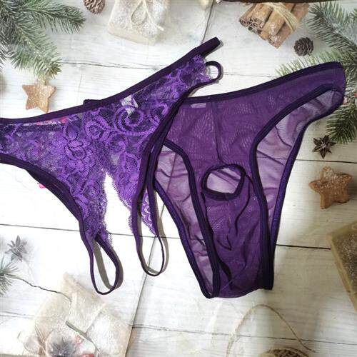 情侣款内裤男女双人丁字裤蕾丝开洞穿脱方便薄款夜惑全透明趣味