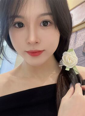 白色山茶花发圈珍珠洋气头绳森女马尾发饰发绳蓬松高颜值皮筋头饰