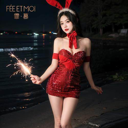 新年战服情趣性感内衣丝绒亮片兔女郎睡衣诱惑可外穿新娘服装qqny
