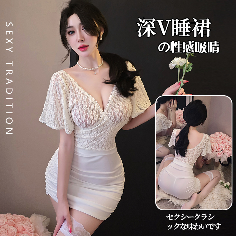性感包臀裙趣味睡裙女禁欲系蕾丝深V显瘦透视连衣裙纯欲约会情调