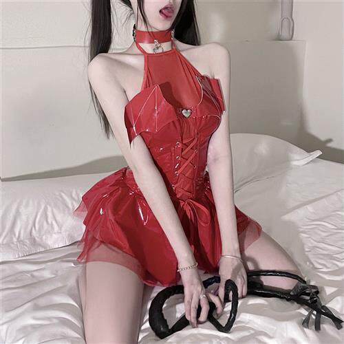 小恶魔性感亮面漆皮绑带Y2k短裙套装魅魔衣服COS制服女装cosplay