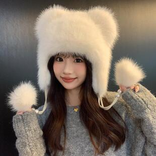 可爱小熊帽子女冬季毛茸茸加厚显脸小防风护耳东北防寒保暖雷锋帽