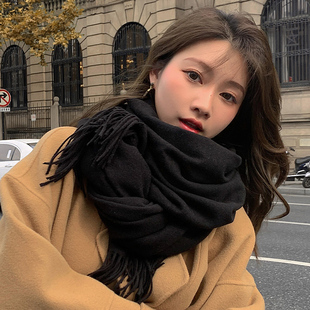 围巾女冬季韩版百搭学生秋冬加厚纯色长款仿羊绒情侣围脖黑色披肩