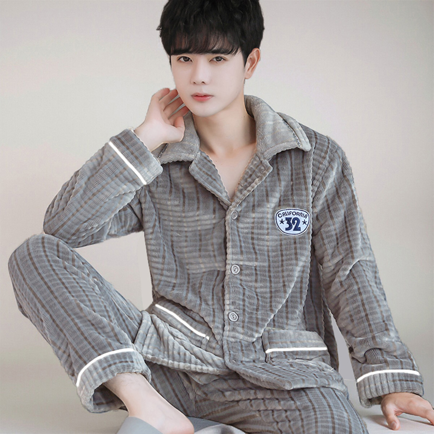 法兰绒睡衣男秋冬天保暖宽松休闲