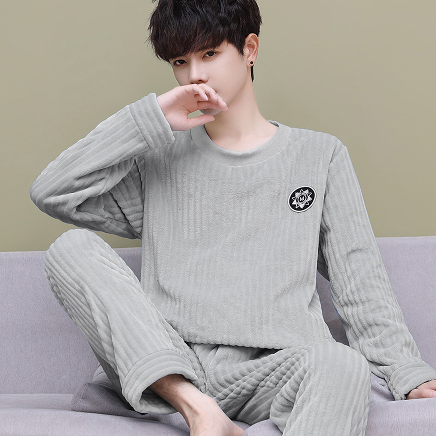 套头男士睡衣珊瑚绒秋冬季