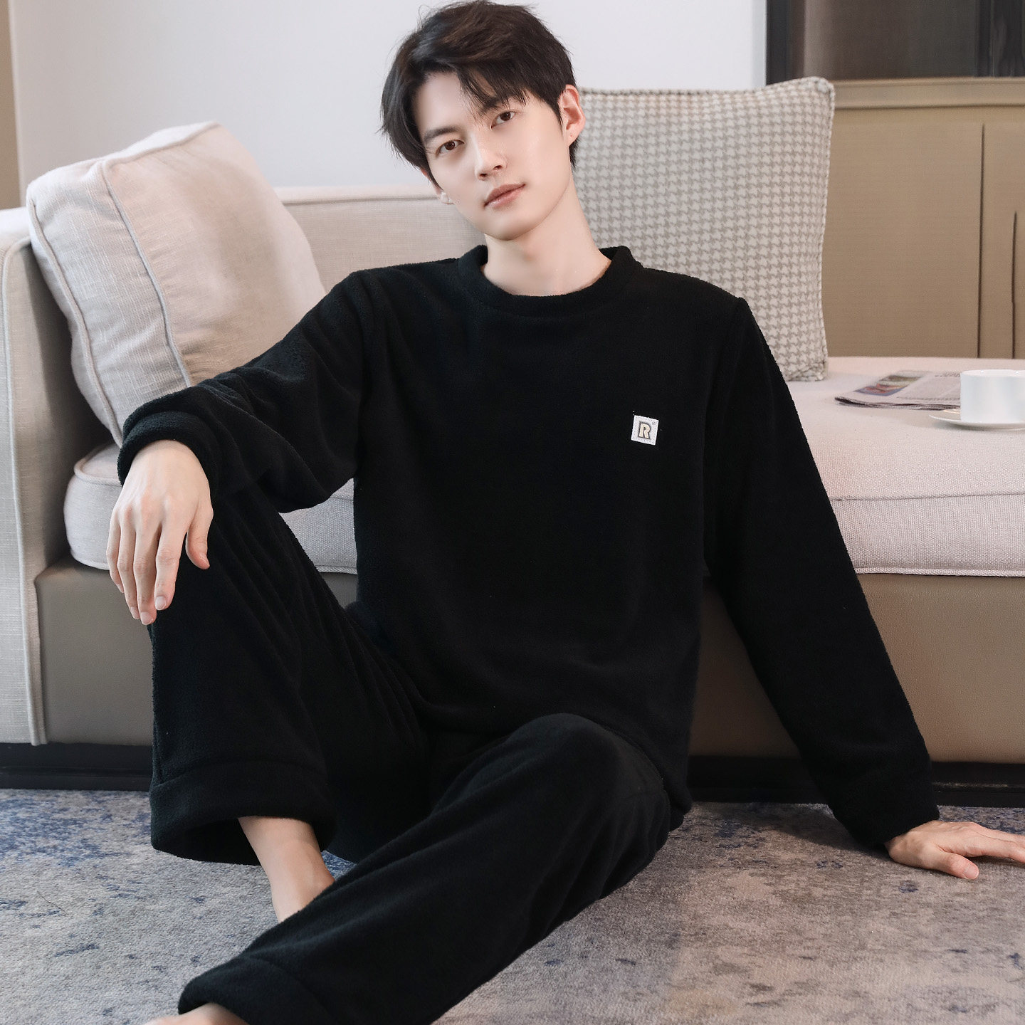 秋冬男士睡衣套头加厚加绒珊瑚绒可外穿宽松颗粒绒家居服保暖新款